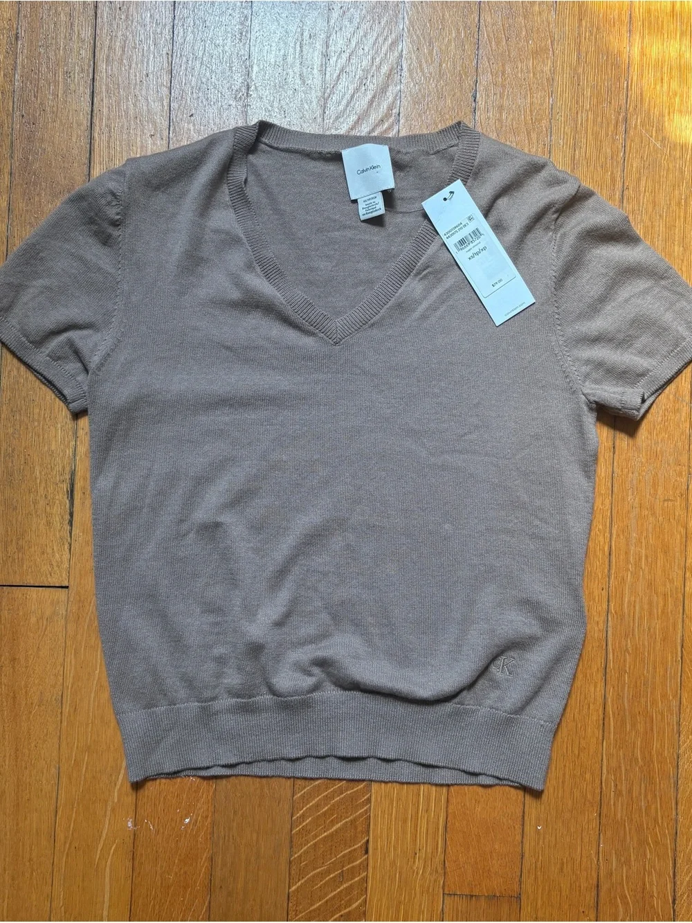 Calvin Klein Short Sleeve V-Neck Knit Top in Taupe Brown